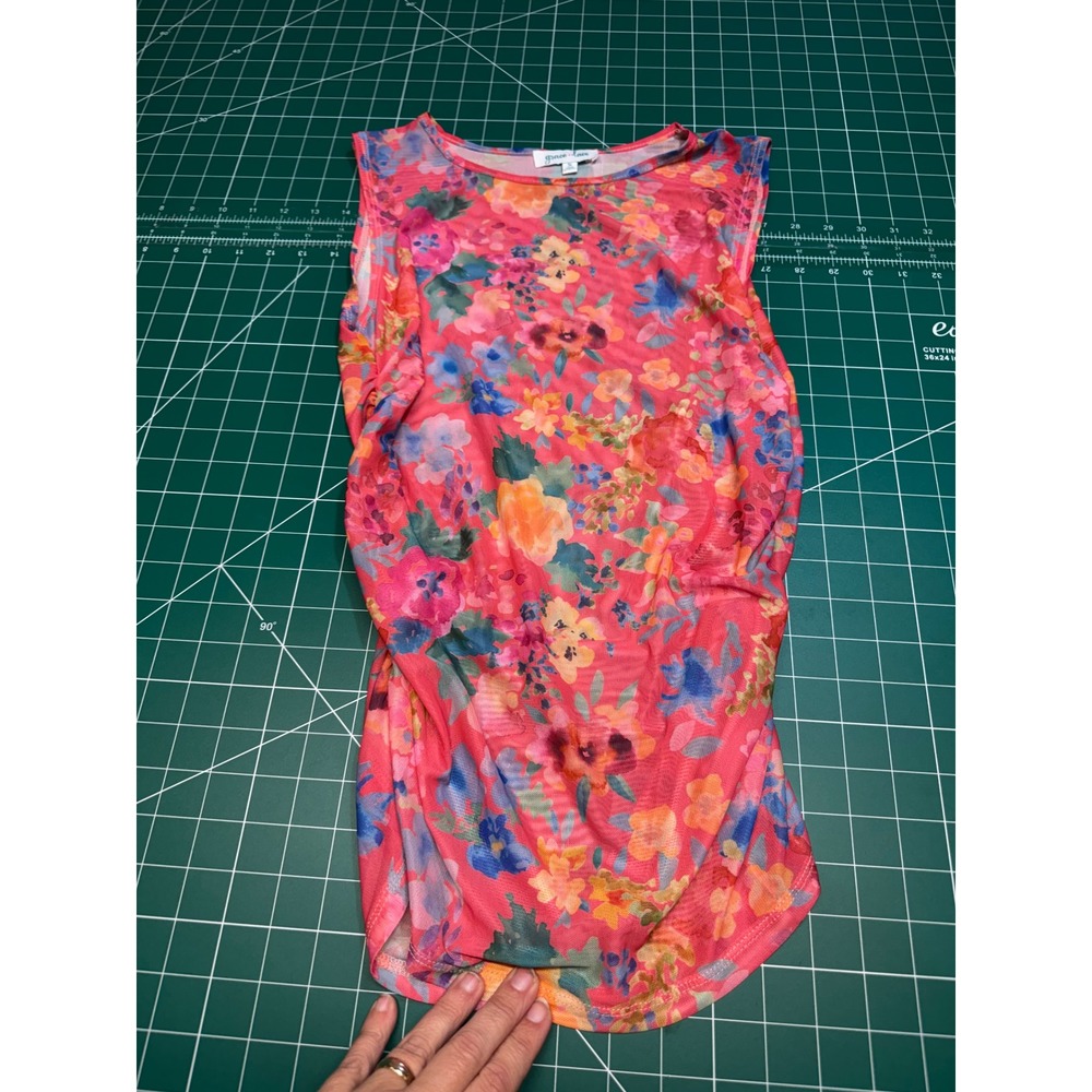 Grace & Lace Womens Pink Floral Mesh Sleeveless Tank Top Sheer Crew Neck Small